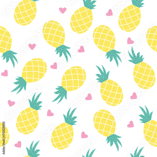 seamless pattern with pineapples and hearts on white background. 