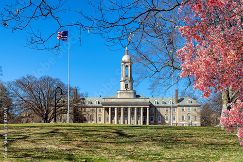 The campus of Penn State University with spring flowers in sunny day, State College, Pennsylvania.