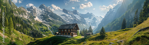 Panoramic shot of a mountain farmhouse in a mountain range with spring meadows