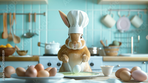 Osterhase als echter Hase in der Küche mit Kochmütze backt Oster Köstlichkeiten zum Osterbrunch Generative AI