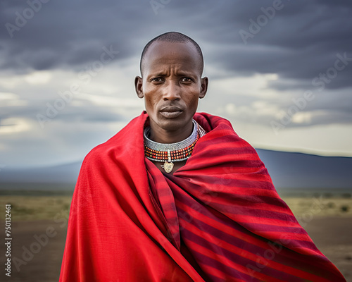 Portrait eines Massai Kriegers in Tracht, Ostafrika, Generative AI
