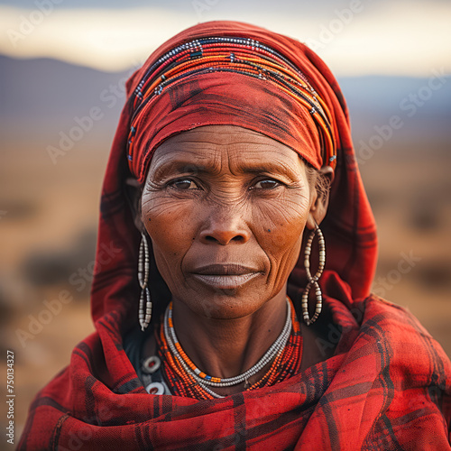 Portrait einer Massai Frau in Tracht, Ostafrika, Generative AI