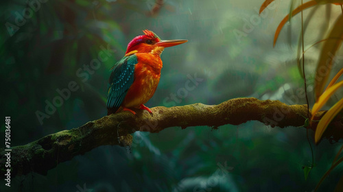 A colorful kingfisher perched on a branch, its vibrant plumage contrasting with a deep forest green background.