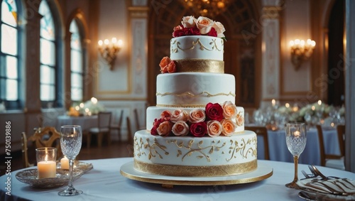 Delicate Wedding Cake with Flowers in a Bright Room