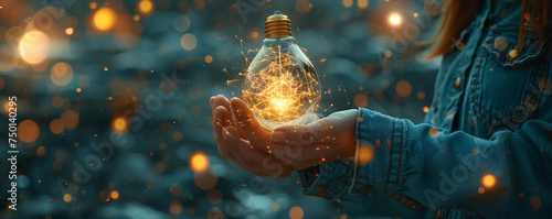 Businesswoman hand-holding innovation and creativity icons with a spark network connection. Encouraging and rewarding the generation and implementation of new and original ideas and solutions 