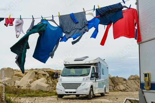 Washing laundry hanging to dry outdoors at caravan