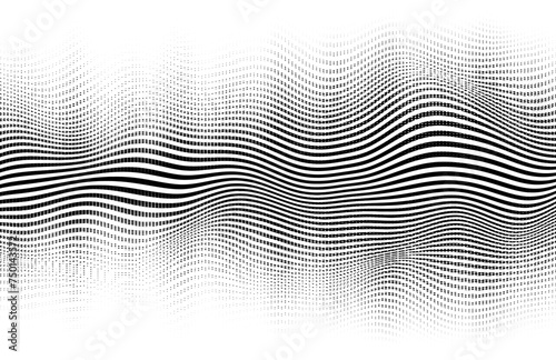 Abstract vector flowing wave design. Trendy halftone effect with tonal gradation made by horizontal stripes and dotted halftone pattern. Graphic black and white backdrop