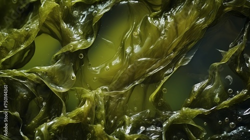 Wet seaweed kelp texture is depicted in extreme close-up, forming a mesmerizing macro shot against a textured background.