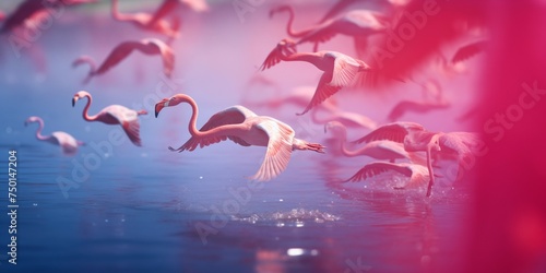 Close up of beautiful African flamingos that are standing in still water with reflection. flying over a pond