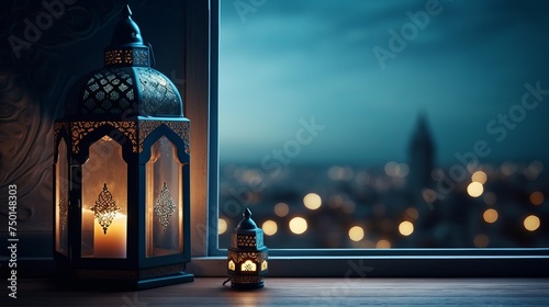 Eid al-Fitr and Ramadan Kareem concept backgrounds feature a beautiful mosque view through an open window against a blue wall, complemented by Islamic iftar food imagery and lantern light lamps.