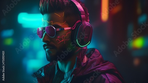 cyberpunk man wearing a futuristic headset, neon virtual glasses, and cyberpunk gear