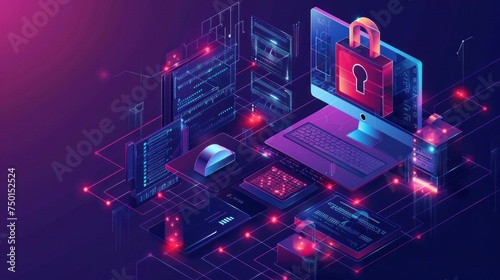 An isometric illustration shows personal data security, with a computer and lock representing protection of online file servers, ideal for web banners