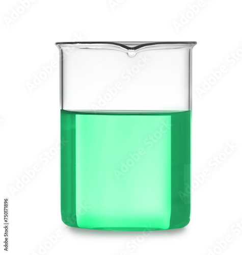 Beaker with green liquid isolated on white. Laboratory glassware