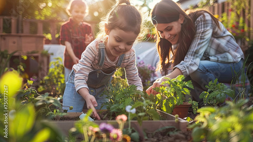 A child and an adult are happily engaged in planting flowers in a backyard garden, illuminated by the warm glow of the setting sun