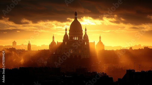  the sun is setting over a city with a church steeple in the foreground and dark clouds in the sky over a city with buildings in the foreground.