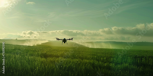 Smart technology drone maneuvers over fields, administering targeted crop spraying.