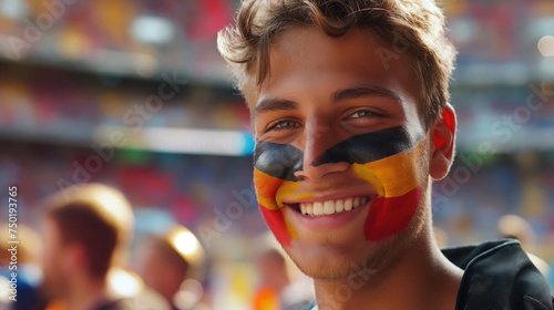 Football fan with germany flag painted on face at soccer stadium. Concept of 2024 UEFA European Football Championship