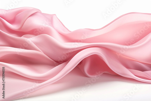 close up of pink silk fabric texture flowing on white background.