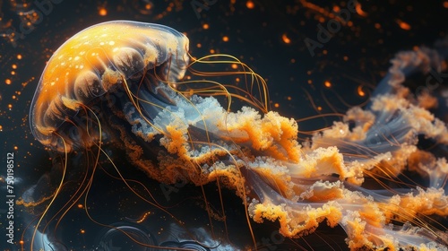 a close up of a jellyfish in a body of water with orange and white algae on it's back legs and a black body of water in the background.