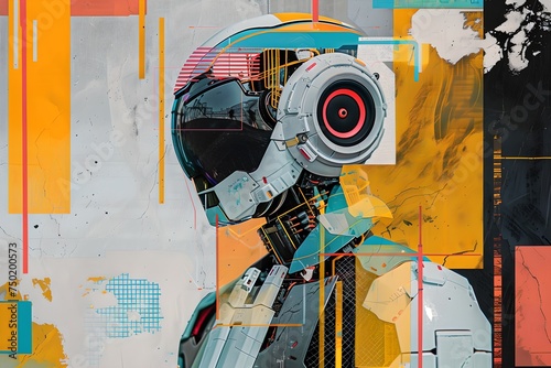 Futuristic robot with abstract geometric elements. Digital art collage. Design for poster, banner, social media. Future technology and futurism concept. 