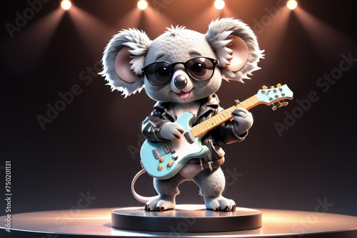 3D cartoon illustration showcases a cute koala in a black leather jacket with sunglasses, rocking a guitar on a brightly lit stage.Promoting live music events, concerts, or music festivals concept.