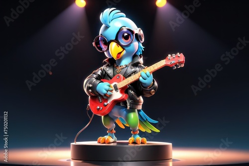 3D cartoon illustration parrot in black leather jacket with rock guitar on stage.Design a book cover for a children's story or book concept.Promote music schools, classes,or workshops for children