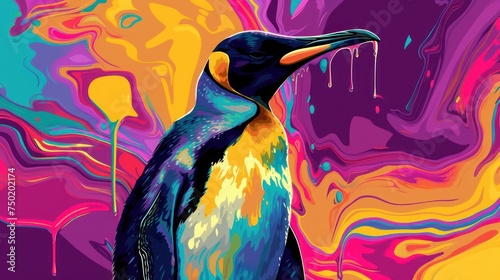  a colorful painting of a penguin standing in front of a purple, yellow, pink, and blue background with drops of paint on it's body of water.
