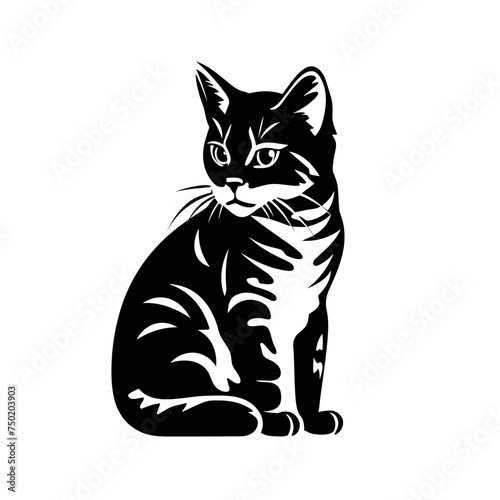 American Shorthair cat sitting silhouette black and white vector illustration isolated transparent background, logo, cut out or cutout t-shirt print design, poster, baby products, packaging design