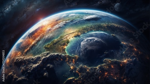 Imagem do planeta terra visto de cima, o planeta cercado de agua e terra e raios do sol o despontam