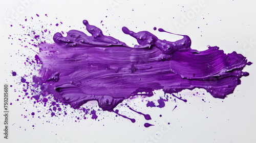 An abstract splash of purple paint with droplets creates a spontaneous and lively artwork with a sense of motion