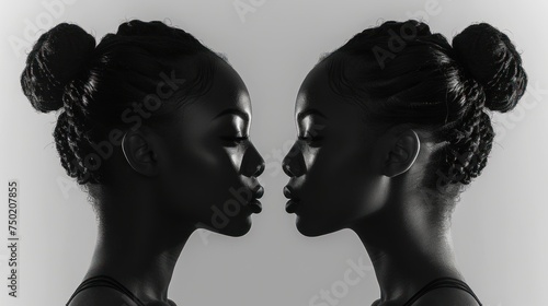  a black and white photo of two women facing each other with their heads turned to the opposite side of the image, with one of them facing the other side of the same.