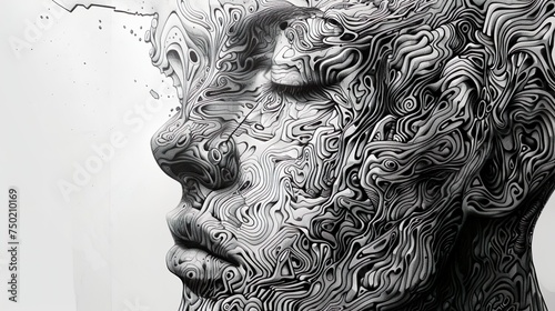 pencil drawing of a face transitioning into patterns