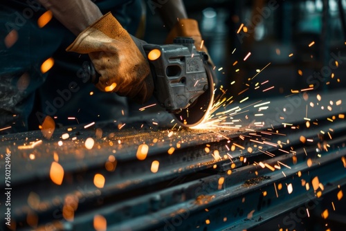 Close-up of worker grinding metal with angle grinder, with bright sparks illuminating the workspace. Concept of industrial labor, craftsmanship, and precision.