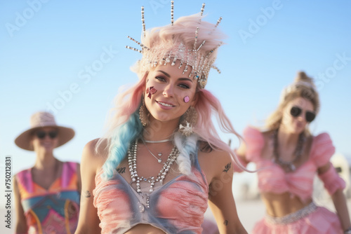 smiling girl in costume at a summer festival in desert with friends, happy, cheerful, wearing fancy outfit hats glitter dust jewels fashion beauty bare shoulders fun party flamboyant colorful carnival