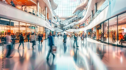 Abstract shopping mall interior, blurred motion of customers, retail and consumerism concept, modern lifestyle