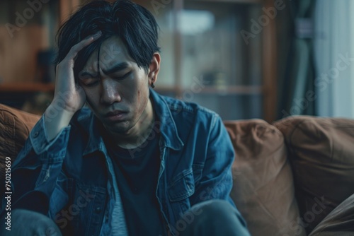 Young man sitting on a couch with a distressed expression, holding his head in his hand, depicting stress and emotional struggle. Concept of mental health, anxiety, and depression. 