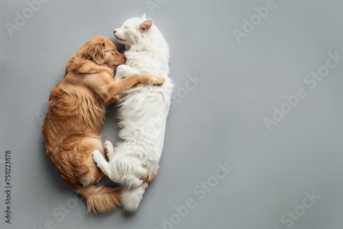 Cute dog and cat sleeping and hugging, isolated on gray background with copy space, pets day concept