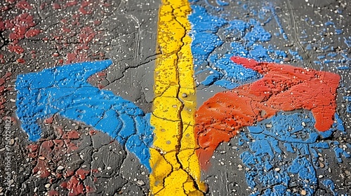 Colorful arrows on wet asphalt pointing in opposite directions