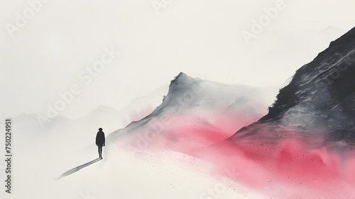 Chinese landscape painting on paper, a tiny beauty walking, pink tone