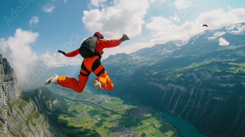 Thrilling BASE Jump - Skydiver in Freefall over Scenic Landscape - Adrenaline and Adventure - Extreme Sports - Generative AI
