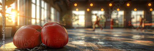 A pair of red boxing gloves resting on a wet concrete floor with an out of focus boxer training in the background.