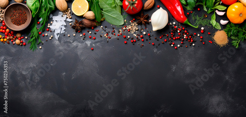 red hot chili pepper, spices, basil leaves, lettuce, parsley, dell flat lay on dark background banner copy space vegetables ingredients coocing vegetarian farming fresh healthy meal