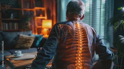 Senior man with spinal cord highlight showing back pain. Health and aging concept. Design for medical brochure, educational material