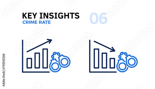Crime Rate Trends Analysis: Handcuffs with Graphs Going Up and Down with an Arrow Thin Line Icons. Vector Illustration of Law Enforcement and Criminality Graphic