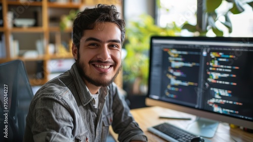 Smiling young programmer staring straight at camera while sitting at his desk