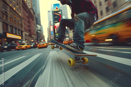 Dynamische Aufnahme eines Skateboarders auf den Straßen einer großen Stadt, Action und Geschwindigkeit