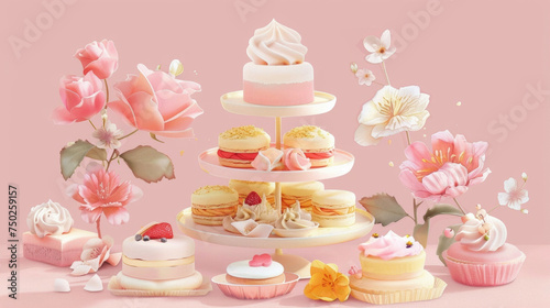 A tower of delicate petit fours each one a different flavor and design with pastel colored frosting and edible floral decorations fit for a fairytale wedding.