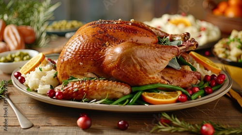 Close-up of a golden-brown turkey on a platter
