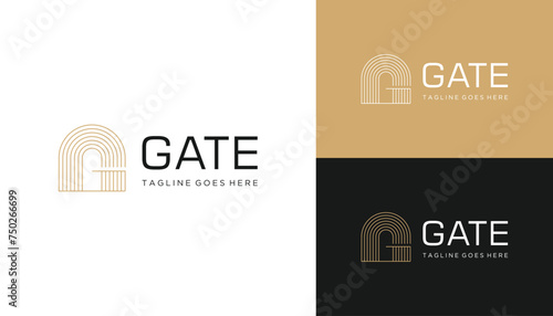 Golden Initial Letter G with Classic Castle Gate Shape Line Art Logo Design