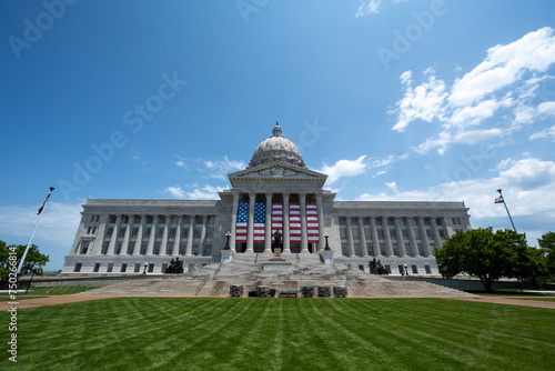 Missouri State Capitol Building in Jefferson City, Missouri with American Flag displayed